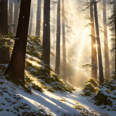 Winter forest with snow and sun rays through the tree trunks. AI Generated.の素材