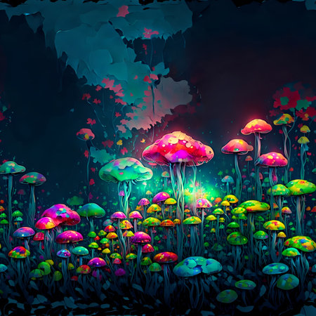 Mushrooms in the forest. Illustration of a fantasy landscape. AI Generated.の素材