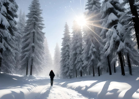 Man walking in the winter forest. Winter landscape with snow covered trees. AI Generated.の素材