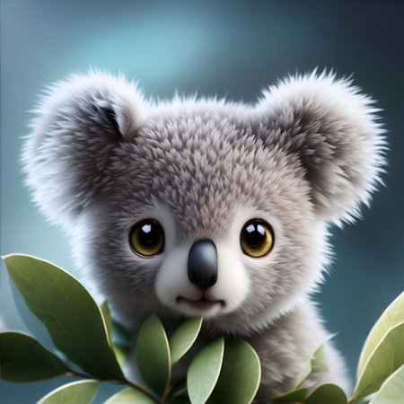 Cute koala with eucalyptus branch on blue background. AI Generated.の素材