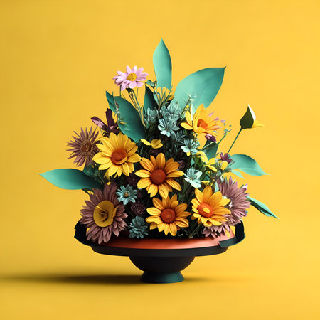 bouquet of colorful flowers in a vase on a yellow background. AI Generated.の素材