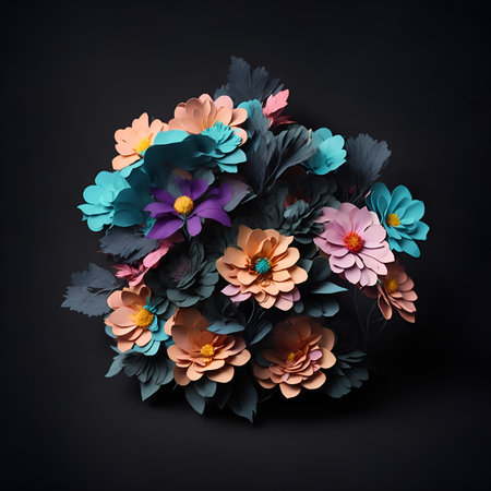 Bouquet of flowers on a black background. 3d rendering. AI Generated.の素材