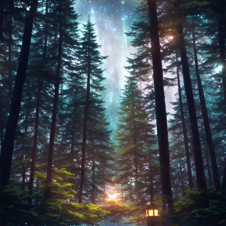 Mystical dark forest with starry sky and moon. 3D rendering. AI Generated.の素材