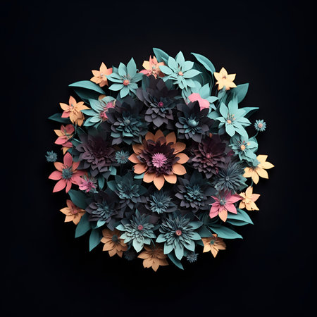 Top view of round bouquet of multicolored paper flowers on black background. AI Generatedの素材