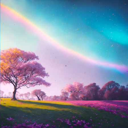 Rainbow in the sky and trees in the park, illustration. generative AIの素材