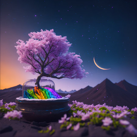 Tree with rainbow colors in glass jar and moon in the sky. generative AIの素材