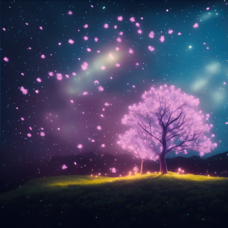 Night sky with stars and a tree in the foreground. Vector illustration. Generated AIの素材