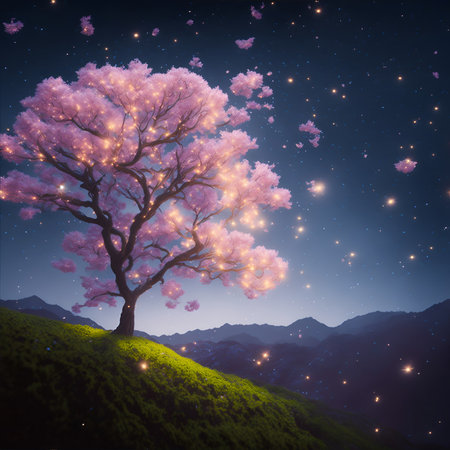 Beautiful pink cherry blossom tree in the night sky. 3D rendering. Generated AIの素材