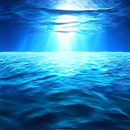 Underwater scene with sun rays and water surface. 3d render. Generated AIの素材