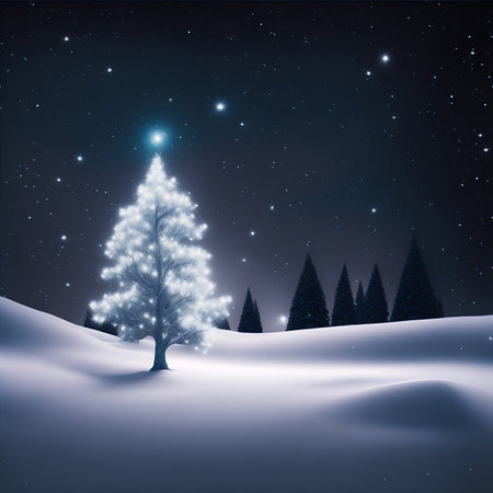 Christmas background with snowy fir tree and starry sky. Vector illustration. Generated AIの素材