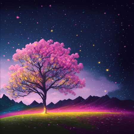 Night landscape with a tree and stars in the sky. Vector illustration. Generated AIの素材