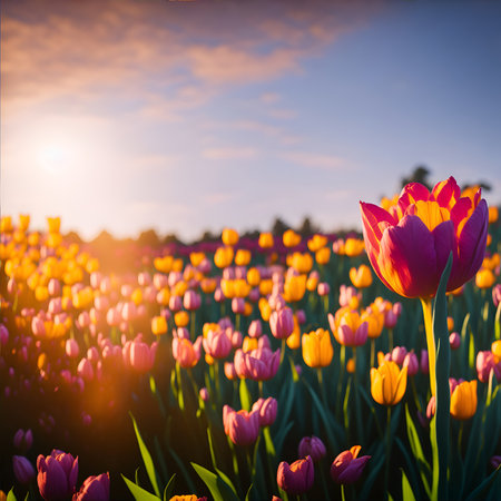 Tulip field at sunset. Beautiful spring landscape with blooming flowers. Generated Aiの素材