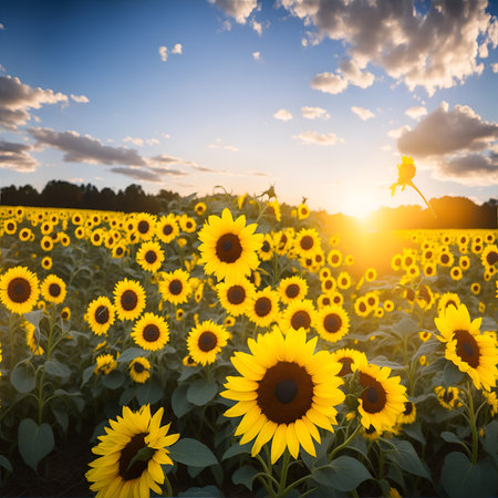 Sunflower field at sunset. Beautiful landscape with sunflower field. Generated Aiの素材