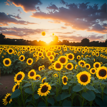 Sunflower field at sunset. Beautiful landscape with sunflowers. Generated Aiの素材