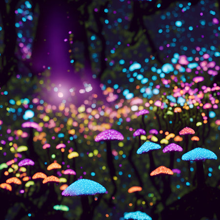 Fantasy forest with magic mushrooms, bokeh effect. 3D rendering. Generated Aiの素材