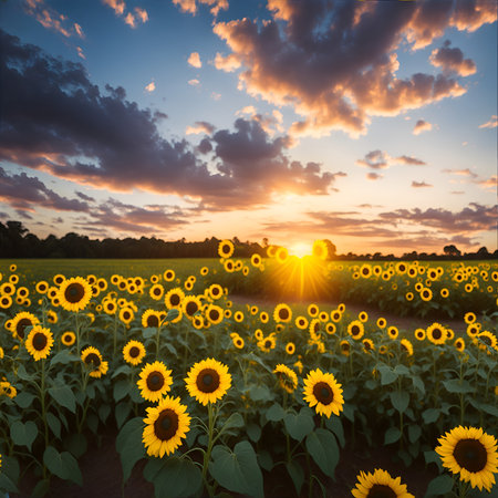 sunflower field at sunset, beautiful nature landscape with sunflowers. Generated Aiの素材