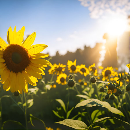 Sunflower field at sunset. Sunflower blooming in summer. Generated Aiの素材