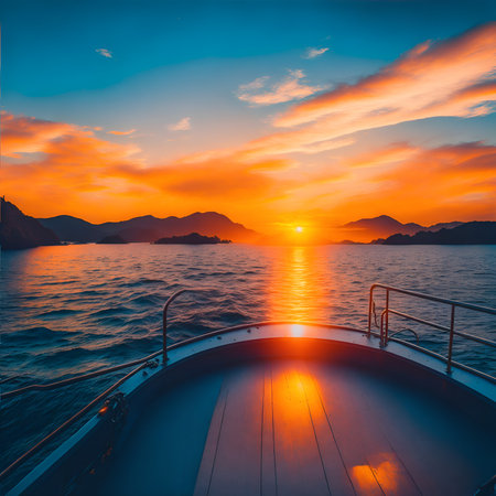 Beautiful sunset over the sea. Sunset over the sea. View from the deck of a yacht. Generate AIの素材