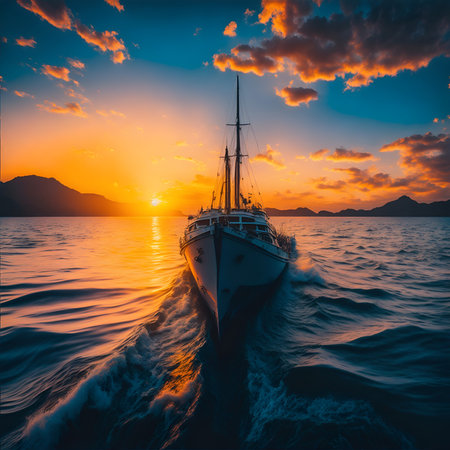 Yacht in the sea at sunset. Dramatic and picturesque scene. Generate AIの素材