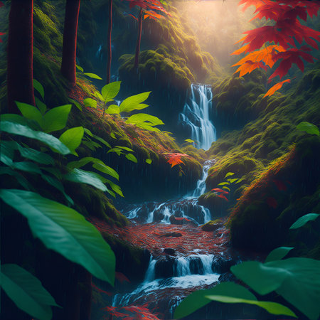 Waterfall in the forest. 3d rendering. Computer digital drawing. generated aiの素材