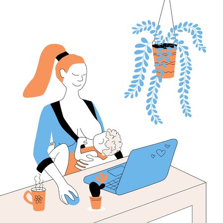 Mom freelancer breastfeeds a newborn and works on a laptop. Concept of a working mother. A woman with a child in her arms browses social media. Stock flat vector illustration isolated on white.のイラスト素材