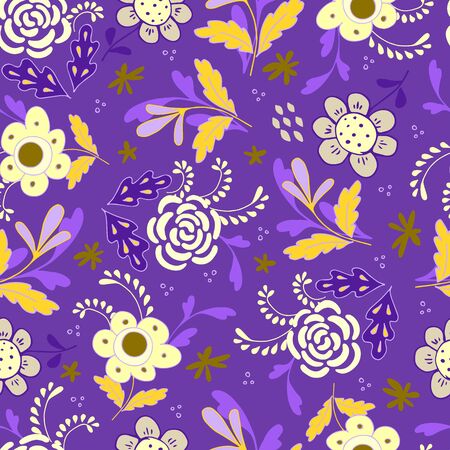 Seamless pattern of bright flowers and leaves in the Scandinavian style. Floral background for wrapping paper and scrapbooking.のイラスト素材