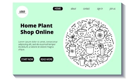 Web page template for online shop of home plants. Hand drawn doodle houseplants. Stock modern sketch vector illustration concept for landing page. Website design easy to edit and customize.のイラスト素材