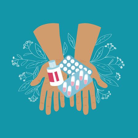Two open palms holding medicine. Blisters with tablets and capsules and a bottle with a screw cap. Hands of a pharmacist or doctor or nurse. Stock vector flat illustration isolated.のイラスト素材