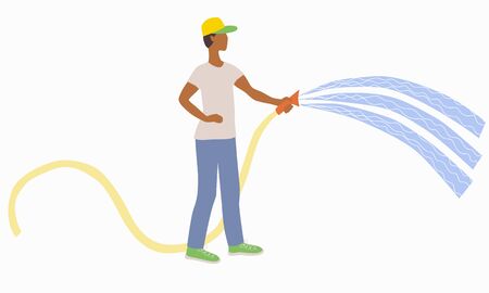 A young man sprinkles soil and plants with water from a hose. A gardener or worker in a cap with a visor and sneakers cares for the garden. Stock vector flat illustration isolated on white background.のイラスト素材