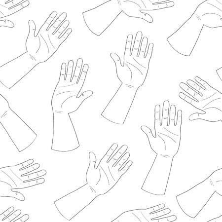 Seamless pattern of outline doodle hands. Palms in a greeting or giving gesture. For wrapping, scrapbooking paper, banners. Stock vector illustration isolated on white background.のイラスト素材