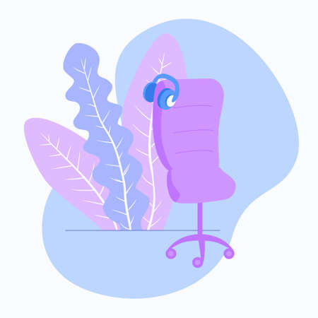 Office chair and headphones for the workplace at home. Hand drawn simple flat furniture, interior decoration items. Stock vector illustration isolated on white background.のイラスト素材