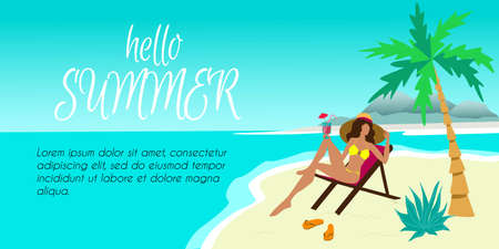 Banner for web page template. Horizontal header for summer vacation and tourism site. Hot girl sunbathes on a sea beach in a deck chair. Stock vector flat illustration.のイラスト素材