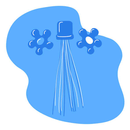 Faucet with water and two valves. Hand drawn tap. Hand washing, protection against bacteria, daily hygiene, prevention of virus infection. Stock vector flat illustration isolated.のイラスト素材