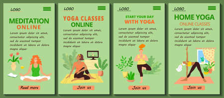Set of 4 mobile app page templates. Mobile version of the Home yoga and pilates site. Girls in tracksuits doing asana and meditation with a trainer online. Stock vector flat cartoon illustration.のイラスト素材