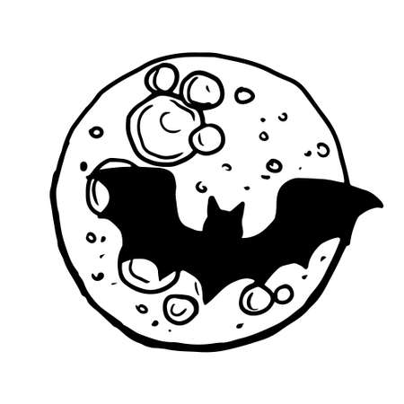 Black silhouette of a bat on the background of the full moon. Hand drawn sketch Halloween symbol of All Saints Day. Stock vector doodle illustration isolated on white background.のイラスト素材