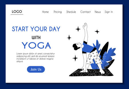 Web page template for online yoga and meditation. Girl is doing triangle asana relaxation exercise. Stock modern flat illustration concept for landing page. Website design easy to edit and customize.のイラスト素材