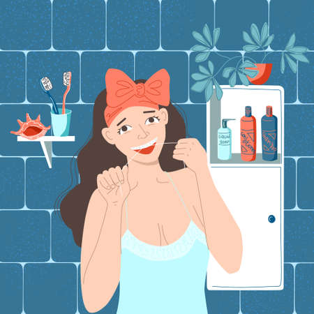 Daily care of dental health. The girl is flossing her teeth with dental floss in the bathroom. Morning and evening routines. Beautiful smile. Stock vector flat hand drawn illustration.のイラスト素材