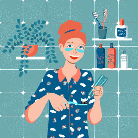 Daily dental care. A girl with patches on her face in pajamas brushes her teeth with a herbal paste and a carbon bristle brush. Morning and evening self care routine. Stock vector flat illustration.のイラスト素材