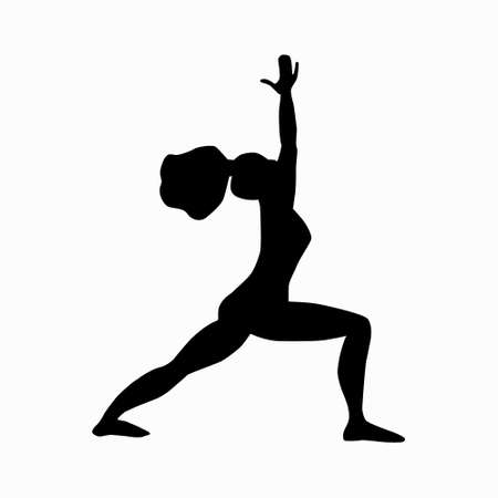 The girl practices yoga in a warrior pose. Black silhouette of a woman doing sports exercises, arms up, right leg bent, left leg extended back.のイラスト素材