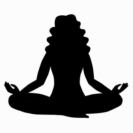 Girl with wavy hair is sitting on the floor in lotus position. A woman practices yoga, meditates, relaxes.のイラスト素材
