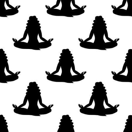 Seamless pattern of black silhouettes of girls practicing yoga. Women in lotus asana for wrapping scrap booking paper banner.のイラスト素材