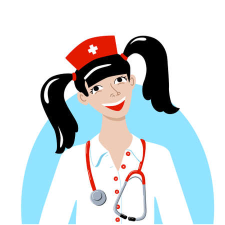Avatar girl dressed as a nurse for the carnival. Cap with a cross robe and stethoscope. Smiling brunette with two ponytails in medical uniform. Stock vector illustration isolated on white background.のイラスト素材