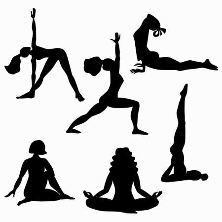 Girls doing asanas. Women doing yoga exercises relaxes. Black silhouettes set. Stock vector illustration isolated on white.のイラスト素材