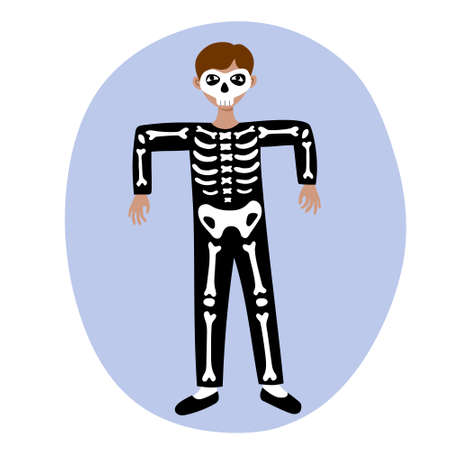 Boy kid wearing skeleton costume and mask for halloween party. Black leotard with white bones for the carnival masquerade. Stock vector hand-drawn flat illustration isolated on white.のイラスト素材