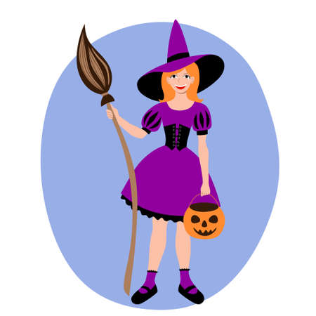 A red haired girl dressed as a witch at a halloween carnival party. Masquerade costume pointed hat broom and pumpkin for sweets. Stock vector flat illustration isolated on white.のイラスト素材
