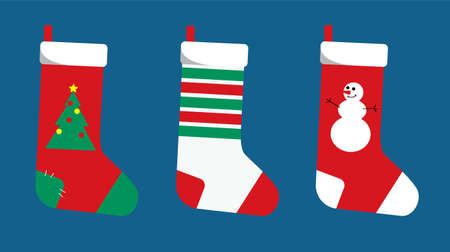 Christmas socks white red green with patterns stripes fir and snowman.