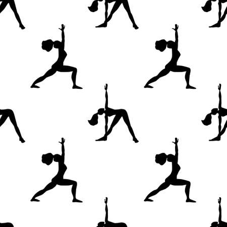 Seamless pattern of black silhouettes of girls doing sports and yoga.のイラスト素材