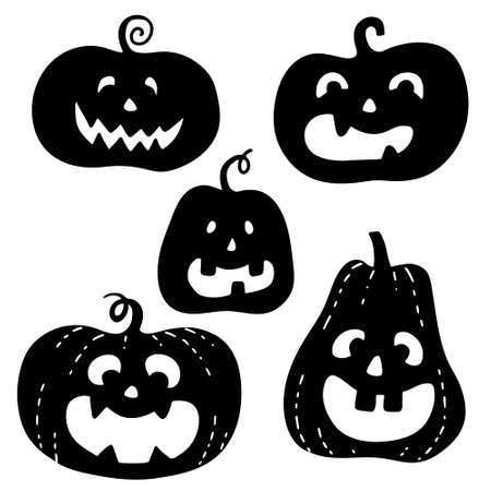Halloween pumpkin black silhouette with cut face smile. All saints eve symbol. Hand drawn doodle clip art for holiday card poster invitation. Stock vector illustration isolated on white background.のイラスト素材
