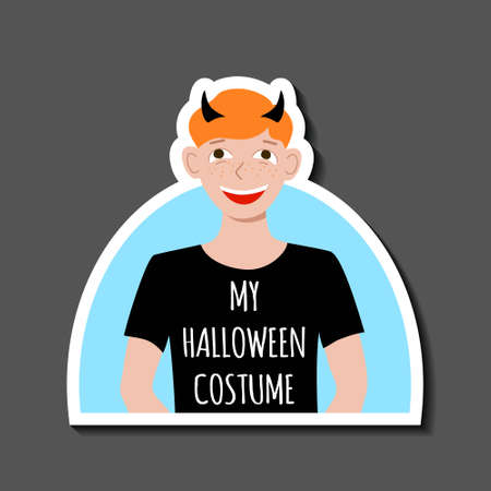 Sticker red haired boy in a T shirt with the words My Halloween costume and horns on his head. Carnival party. Avatar for social media. Stock vector hand drawn flat illustration isolated on white.のイラスト素材