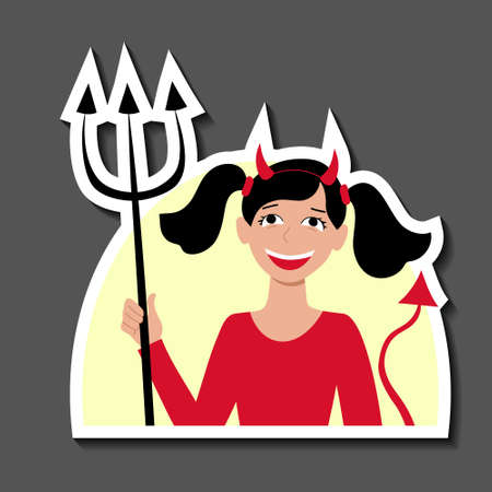 Sticker girl dressed as devil for Halloween carnival party. Costume of a little imp with horns tail and trident. Social media game avatar. Stock vector flat illustration isolated on white background.のイラスト素材